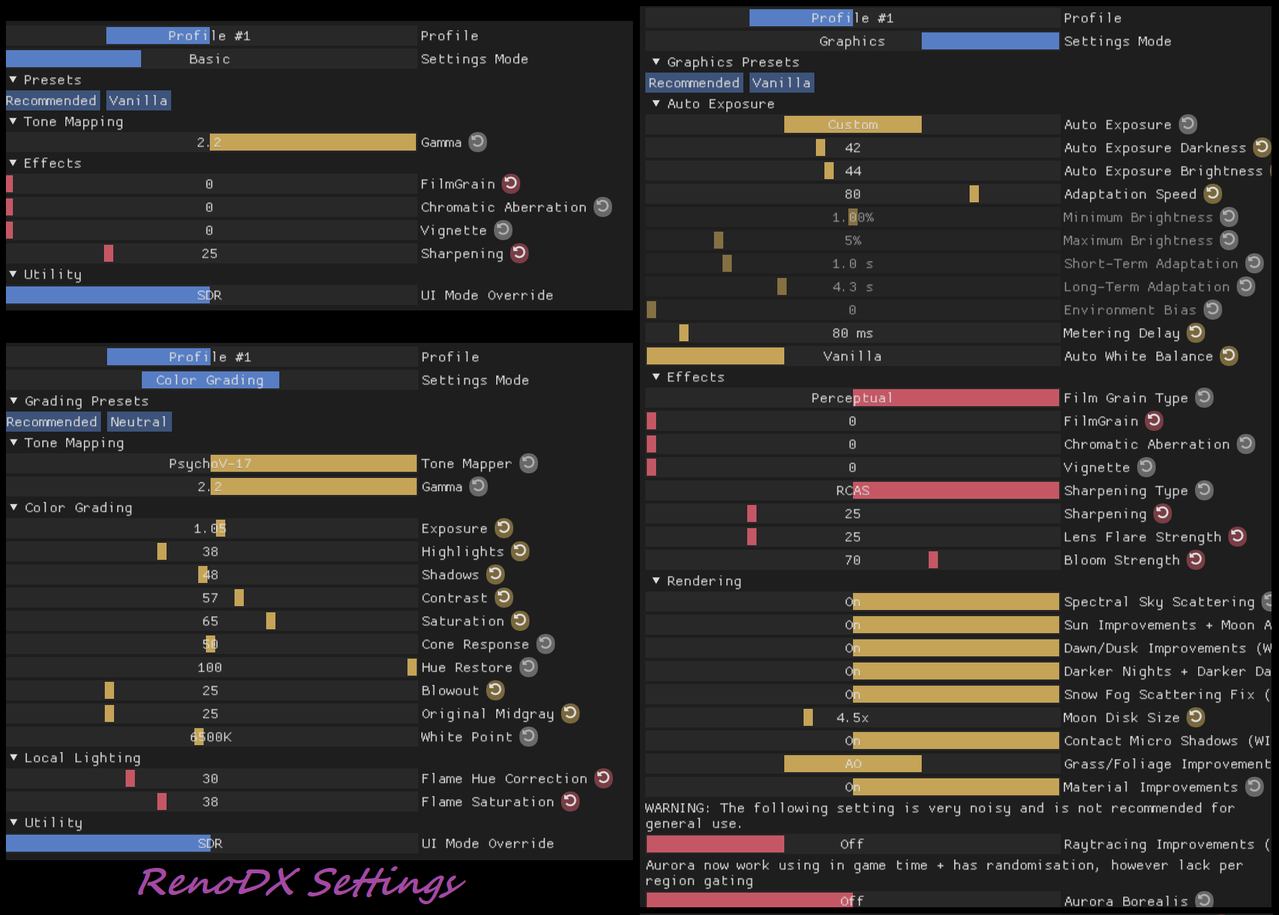 Reno DX Settings