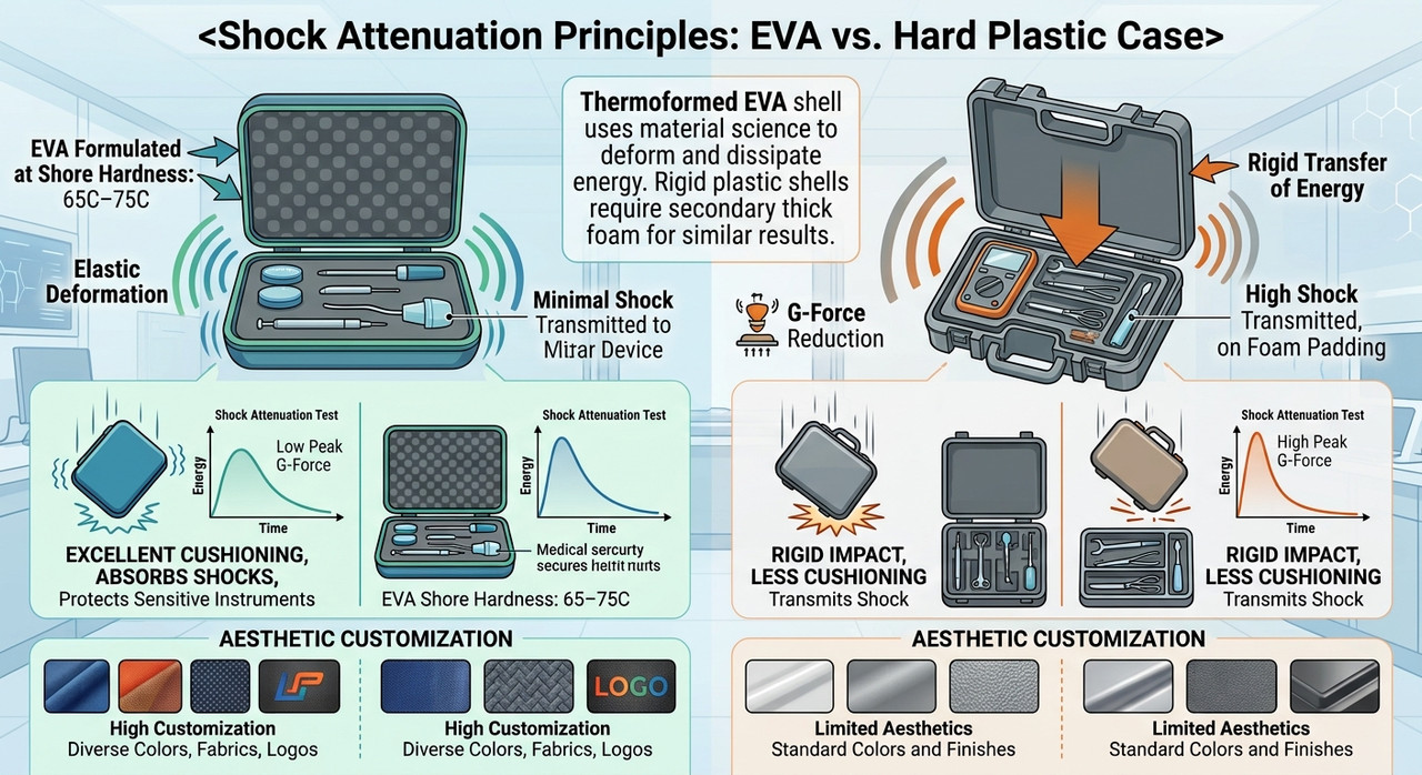 Side-by-side comparison of a custom EVA medical case with die-cut foam insert vs an injection-molded hard plastic case on a laboratory table.