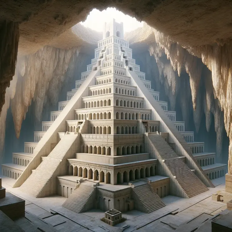DALL·E 2024-03-27 10.26.01 - Revise the building in the underground city with a ziggurat-style stair
