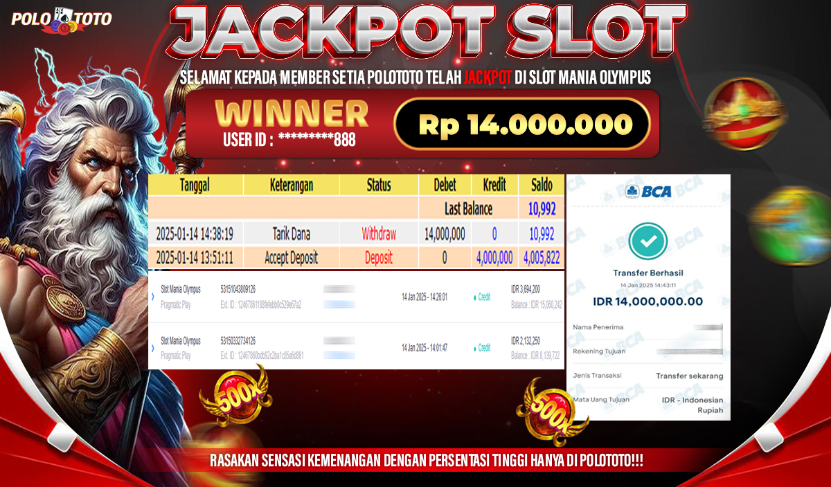POLOTOTO JACKPOT SLOT MANIA OLYMPUS Rp.14,000.000,-
