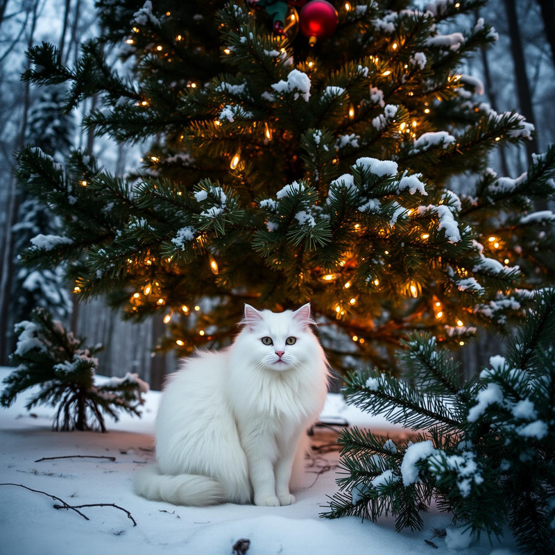 White_fluffy_cat_sits_under_a_large_Christmas_tree (1)
