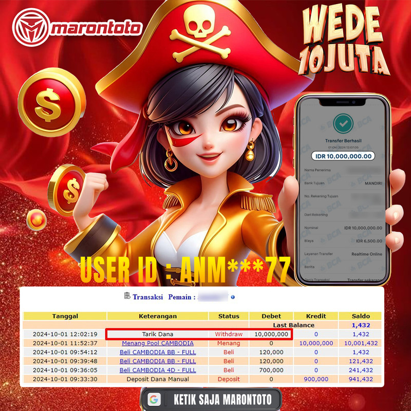 Bukti Kemenangan Member Marontoto Sebesar 10 JUTA