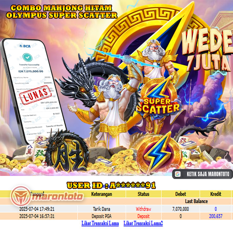 Bukti Kemenangan Member Marontoto Sebesar 7,070,000 JuTa