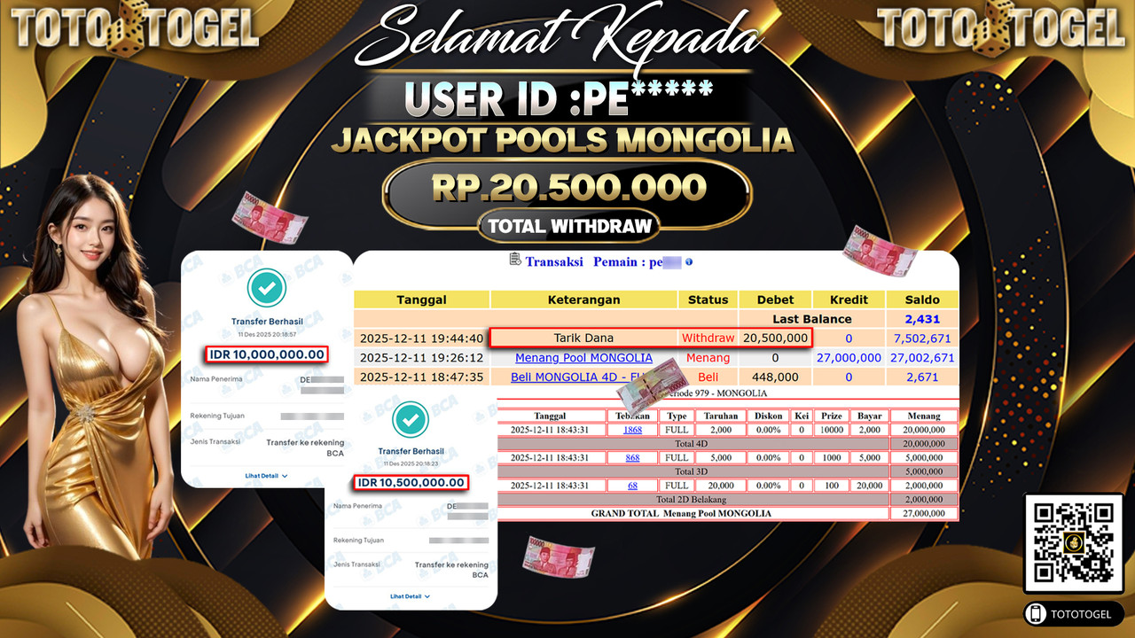 Bukti Pembayaran Jackpot Permainan Togel Pools Mongolia ID:PE***** LUNAS