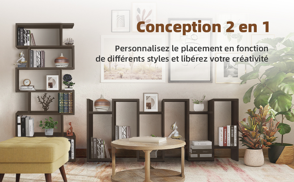 Bibliotheque à 6 Étagère, Etagere, Charge 20kg, Bibliothèque En Aggloméré, Cloison, Etagere Salon En Forme S Pour Salon, Bureau, Chambre, Cuisine, Noir 16 A-3-2