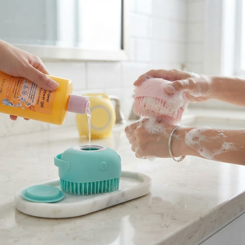 Silicone Bath Brush with Soap Dispenser for Body, Kids, and Pets