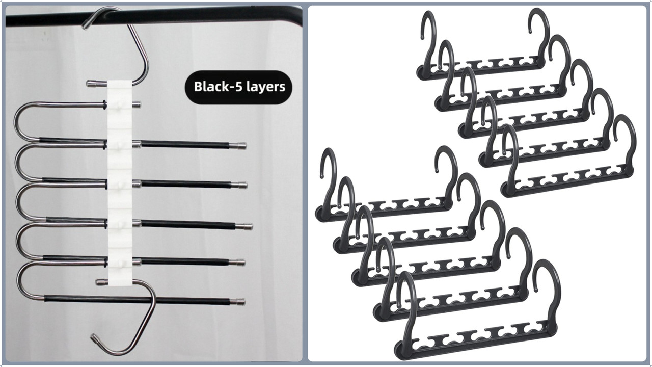 5-Tier Black Stainless Steel Pants Rack and 10-Pack Magic Cascading Hangers Set - Space-Saving Closet Organizer Kit