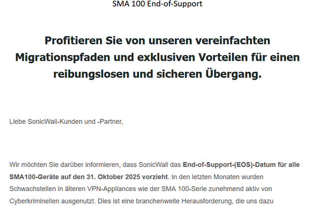 SonicWall SMA 100 verkürzter Support