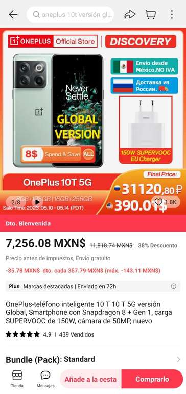 AliExpress: ONEPLUS 10T 5G ( 8GB/128GB ) versión global 
