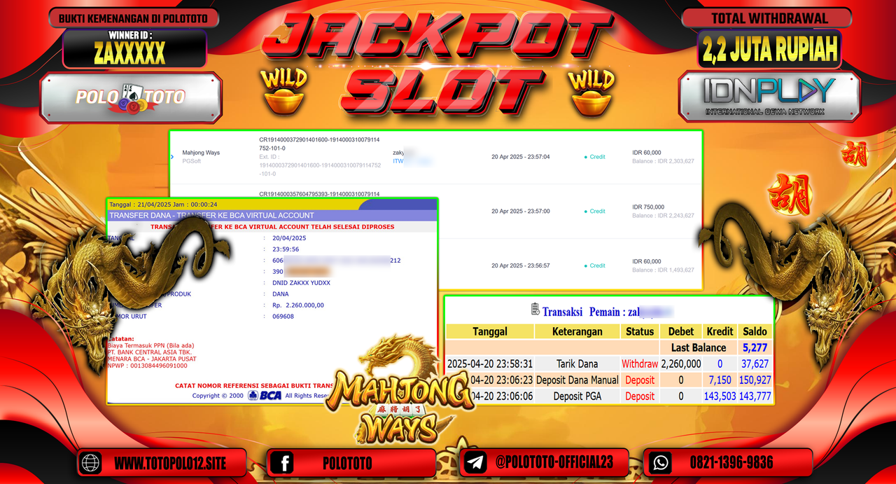 POLOTOTO JACKPOT SLOT MAHJONG WAYS Rp.2.260.000,-