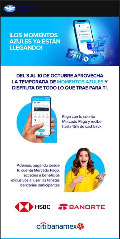 Mercado Pago: Momentos Azules | Hasta 15% de cashback al momento de pagar 
