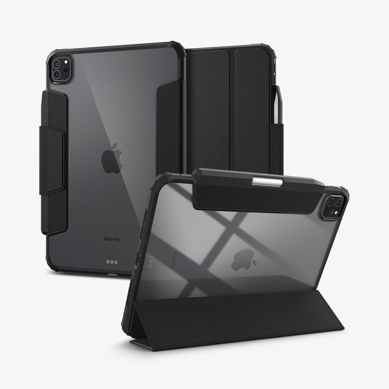 Forro Spigen Ultra Hybrid Pro en un iPad Pro 11 pulgadas, mostrando su cubierta y parte trasera transparente.