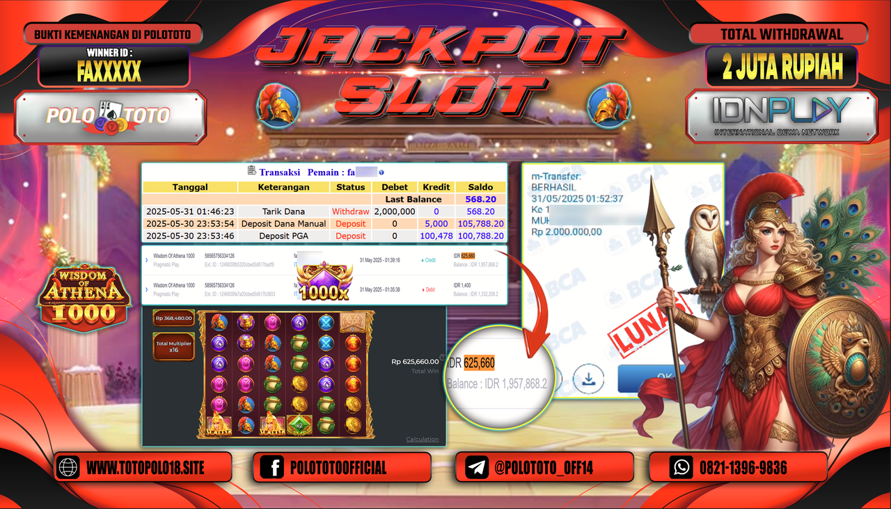 POLOTOTO JACKPOT SLOT WISDOM OF ATHENA 1000 Rp.2.000.000,-