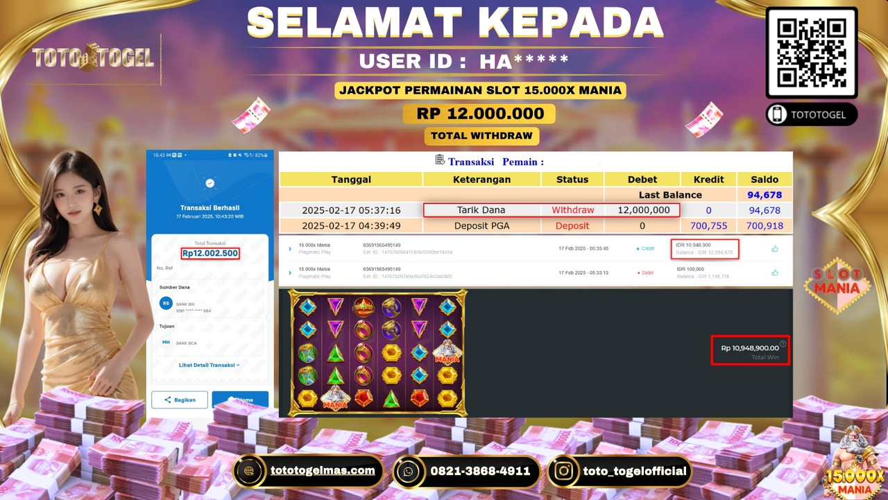 Bukti Pembayaran Jackpot  Permainan Slot 15.000X Mania  ID:HA**** LUNAS