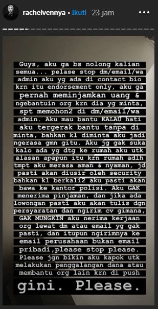 Unggahan kekesalan Rachel Vennya 