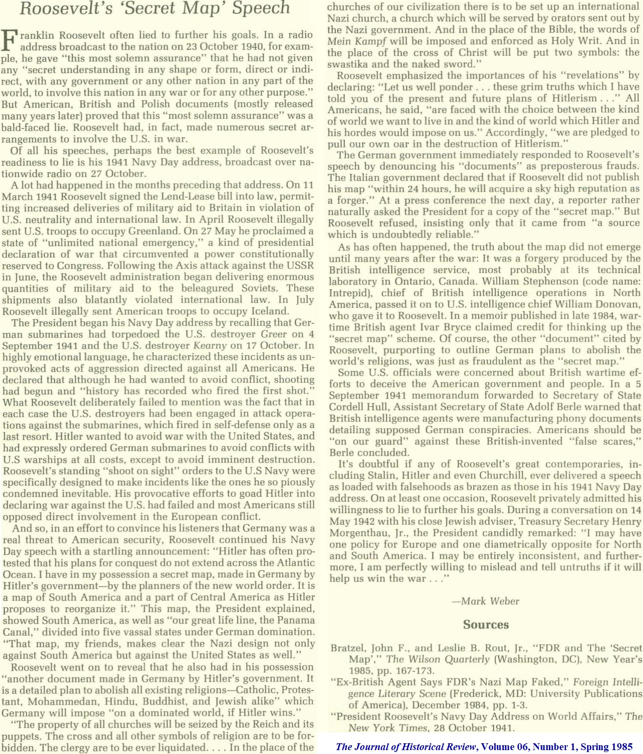 WW2 The Journal of Historical Review Spring 1985 Roosevelt's Secret Map Speech New World Ord