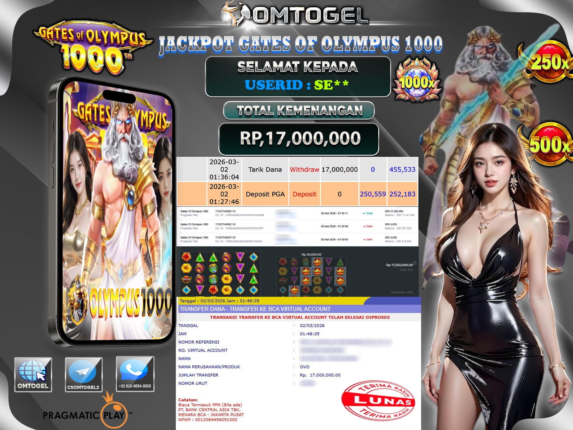 OMTOGEL JACKPOT PRAGMATIC PLAY GATES of OLYMPUS 1000, 17 JUTA DI BAYAR LUNAS ,-