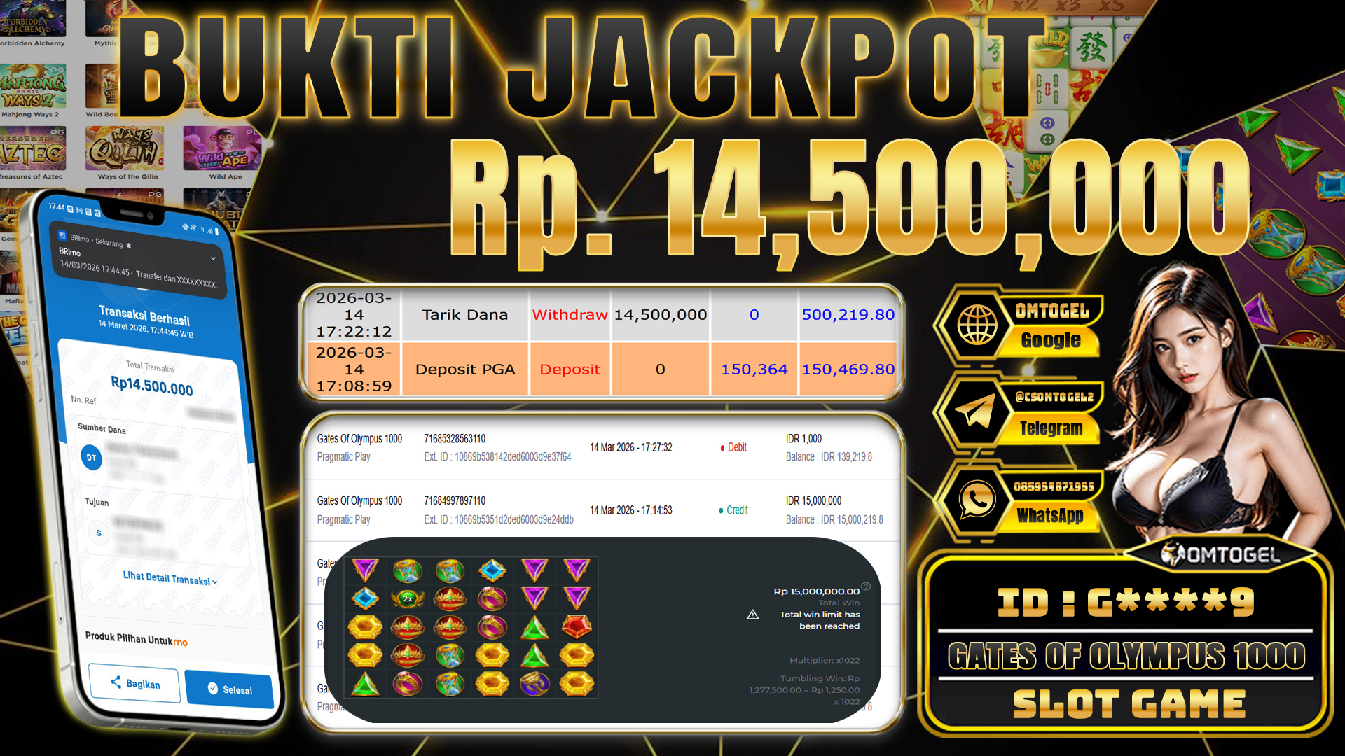 OMTOGEL JACKPOT PRAGMATIC PLAY GATES of OLYMPUS 1000, 14 JUTA DI BAYAR LUNAS ,-