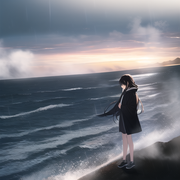 Best quality, masterpiece, illustration, sea, wind, dust cloud, 1girl, flying, l s-62874288