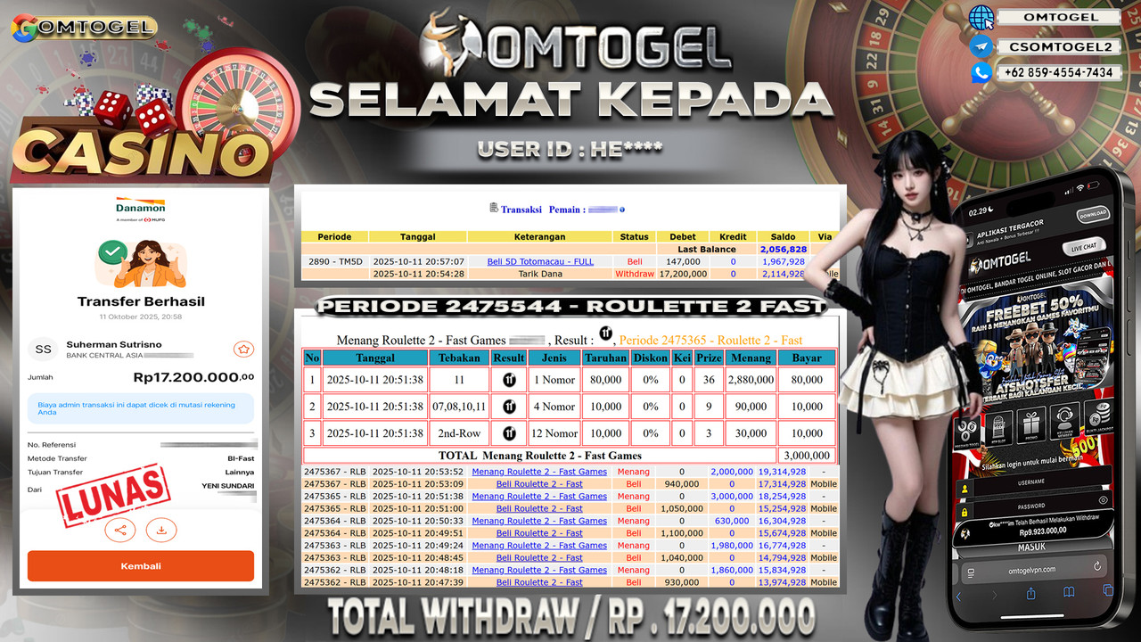OMTOGEL JACKPOT LIVE GAMES ROULETTE 2 - FAST 17 JUTA DI BAYAR LUNAS ,-
