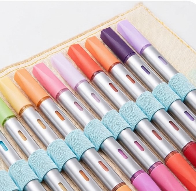A child carrying the stylish roll-up marker pouch featuring individual marker slots and colorful strap design A child carrying the stylish roll-up marker pouch featuring individual marker slots and colorful strap design