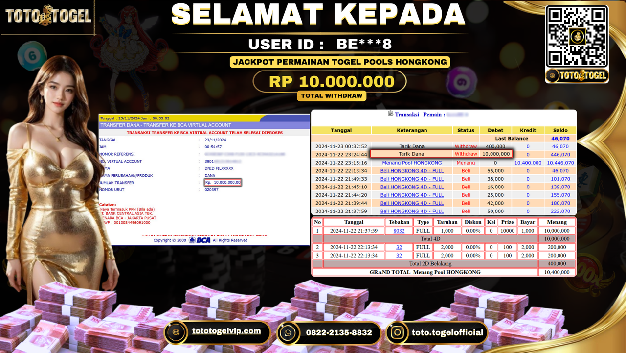 Bukti Pembayaran Jackpot Permainan Togel Pools Hongkong  ID: BE***8 LUNAS 
