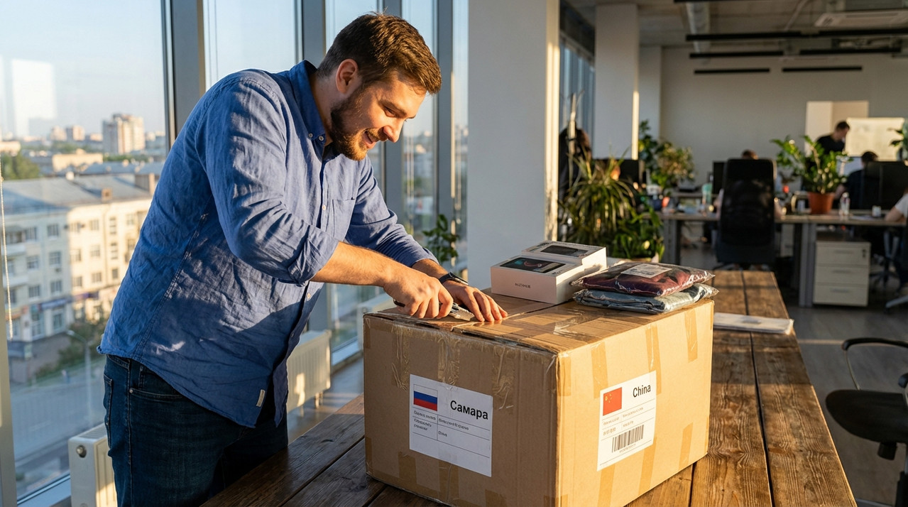 Предприниматель в Самаре распаковывает карго-посылку из Китая