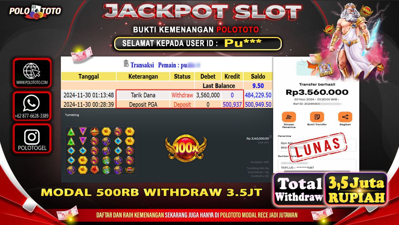 POLOTOTO JACKPOT SLOT GATES OF OLYMPUS Rp.3,560.000,-