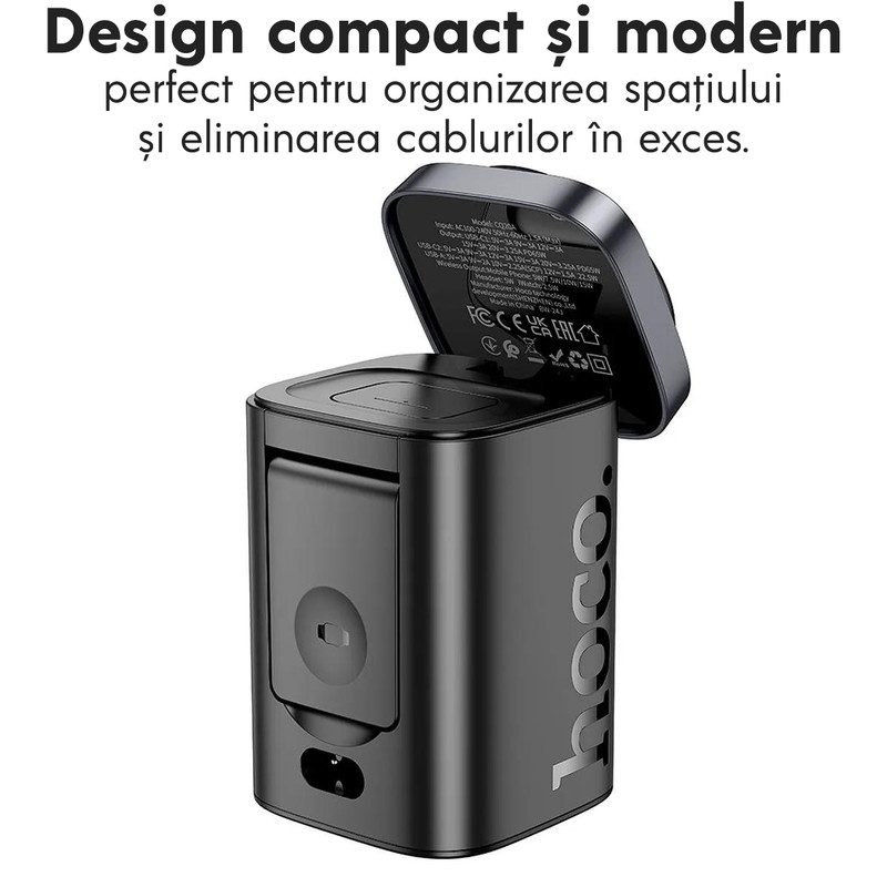 Statie de incarcare wireless 6 in 1 Hoco CQ20A pentru toate dispozitivele, 2xUSB-C, USB, 65W, Qi Charging, Negru wireless charger 6in1 up to 15w magsafe 2xusb c 1xusb up to 65w hoco cq20a black myjd u8