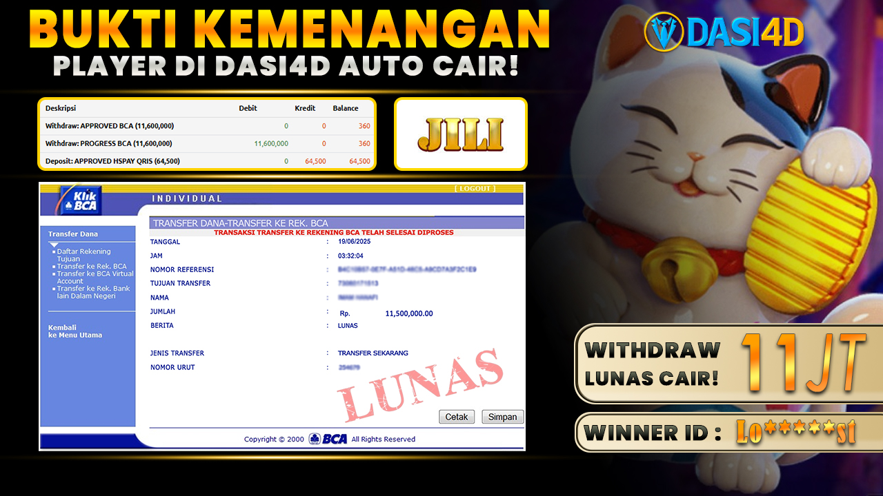 BUKTI KEMENANGAN 19 JUNI 2025 DI NEKO FORTUNE WD 11 JUTA