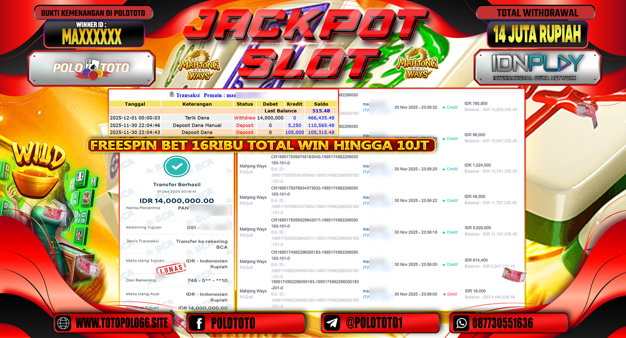 POLOTOTO JACKPOT SLOT MAHJONG WAYS Rp.14.000.000,- LUNAS