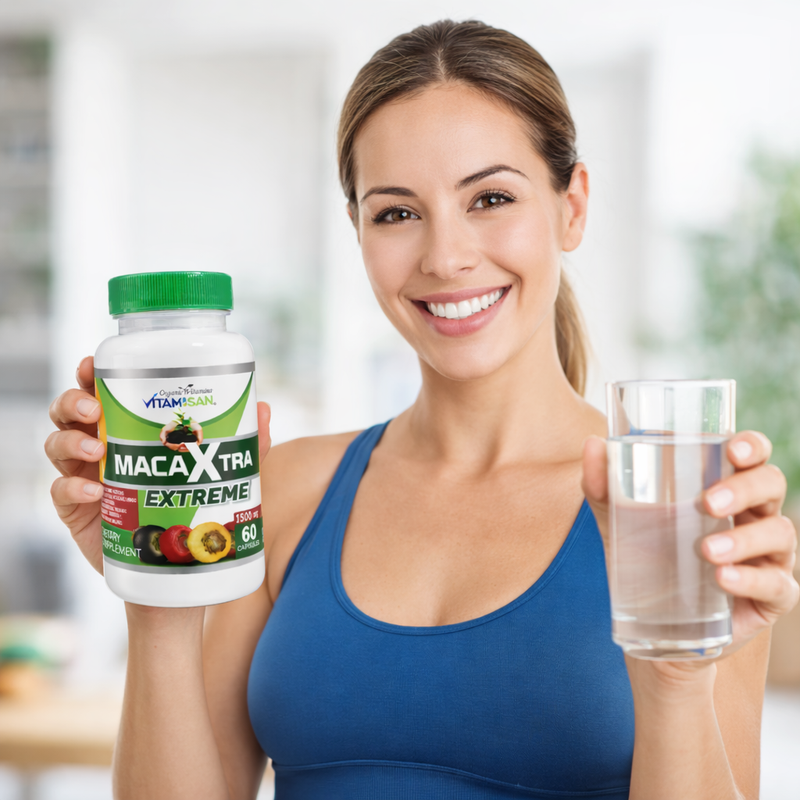 Woman holding MacaXTRA Extreme and a glass of water