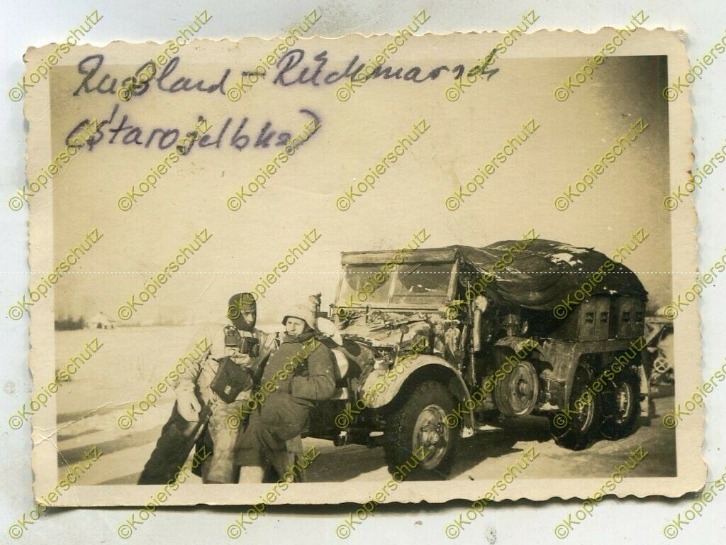 Foto, Wehrmacht Rückmarsch mit der Krupp-Protze bei -30°, Starob