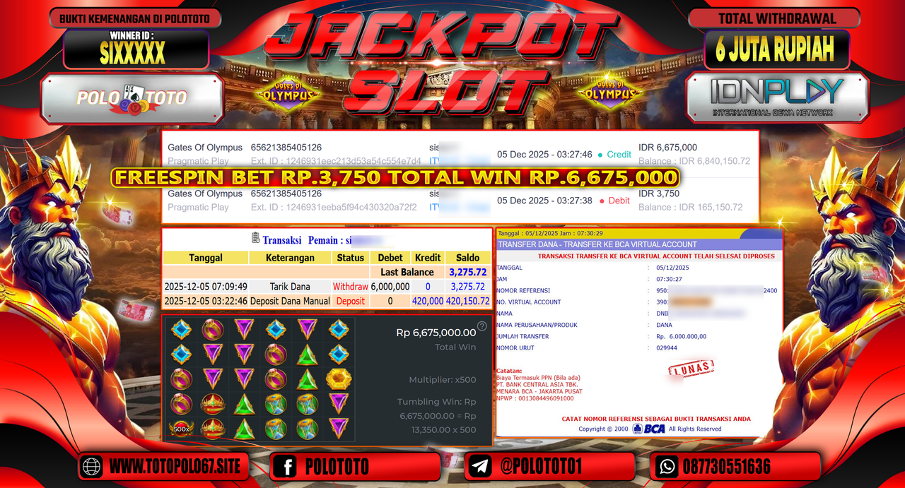 POLOTOTO JACKPOT SLOT GATES OF OLYMPUS Rp.6.000.000,- LUNAS