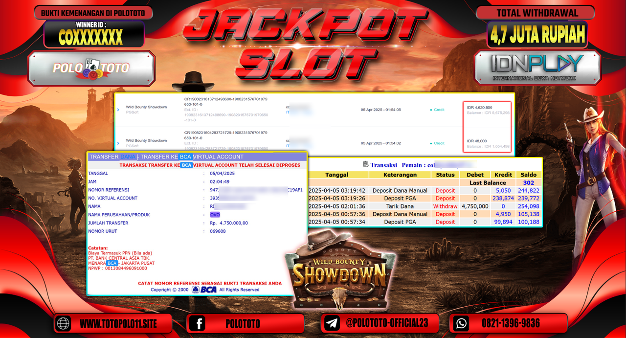 POLOTOTO JACKPOT SLOT WILD BOUNTY SHOWDOWN  Rp.4.750.000,-