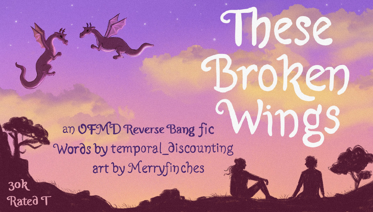 A header image, which reads "These Broken Wings, an OFMD Reverse Bang Fic. Words by Temporal_discounting, art by Merryfinches". The image shows Ed and Stede in silhouette, sitting side by side on a rocky ledge on a starry night. In the night sky are the silhouettes of two dragons in flight.
