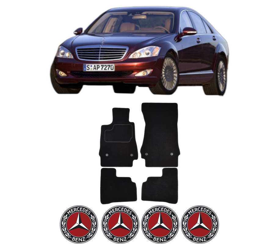 Set Covorase Presuri MERCEDES-BENZ S-CLASS (W221, V221) din 2005-2013, Auto, Material Textil Mocheta, 4 Stickere auto cu MERCEDES-BENZ