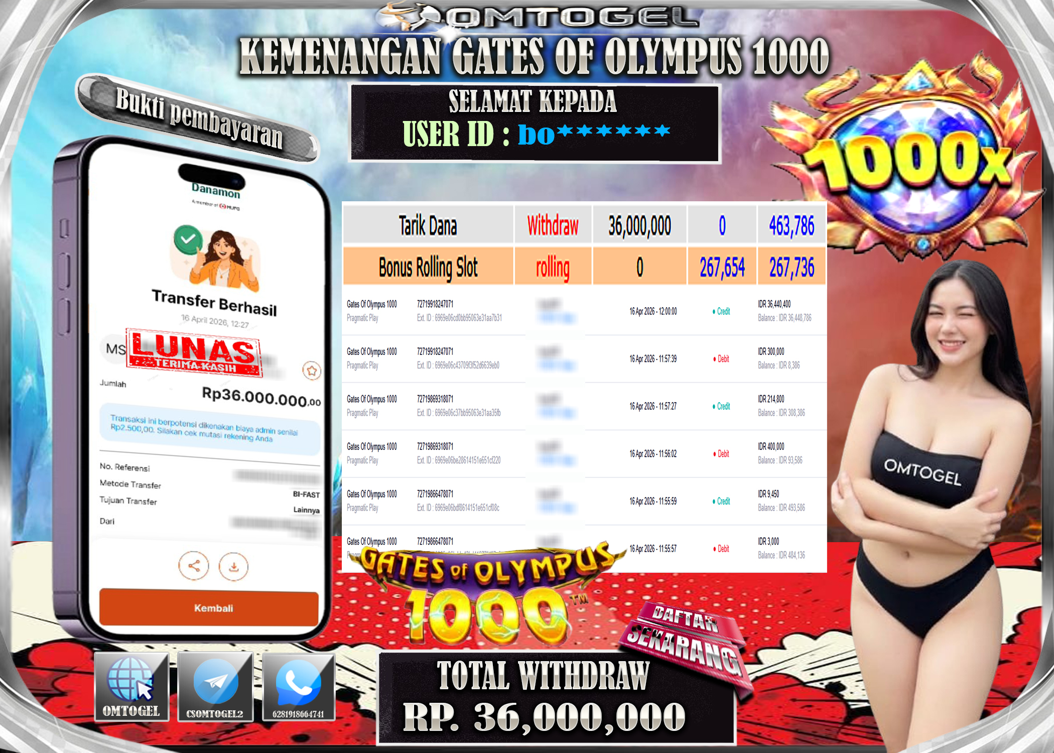 OMTOGEL JACKPOT PRAGMATIC PLAY GATES OF OLYMPUS 1000,36JUTA DI BAYAR LUNAS ,-