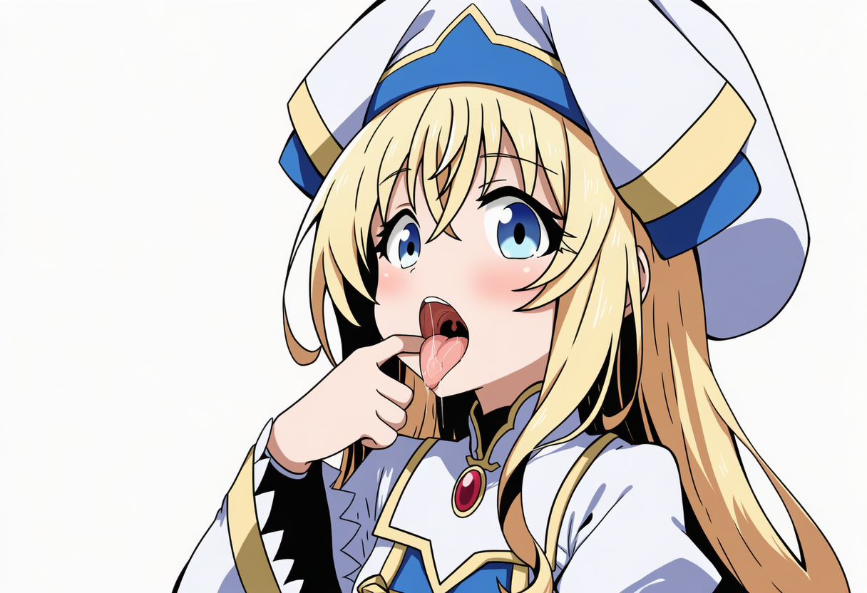 tongue out saliva one finger on mouth face looking at viewer three quarter vie s 2856985067