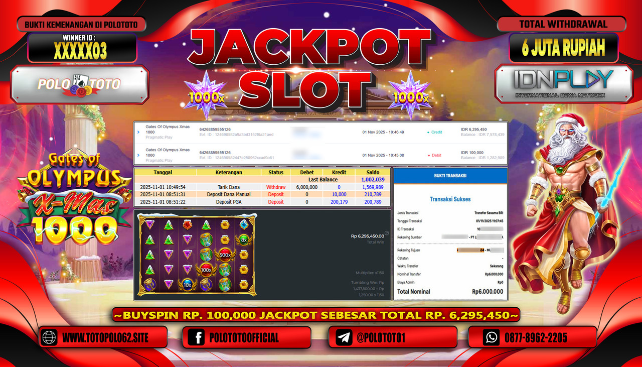 POLOTOTO JACKPOT SLOT GATES OF OLYMPUS XMAS 1000 Rp.6.000.000,- LUNAS