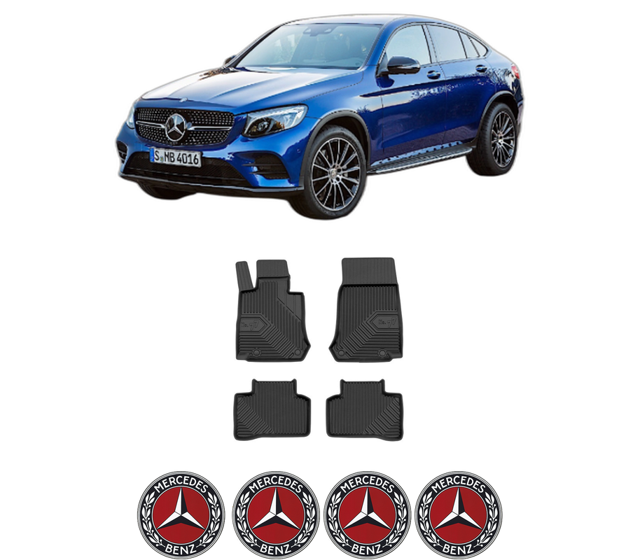 Set covorase presuri MERCEDES-BENZ GLC Coupe (C253) din 2016-2023, auto, din cauciuc thermoplastic, 4 Stickere auto cu MERCEDES-BENZ