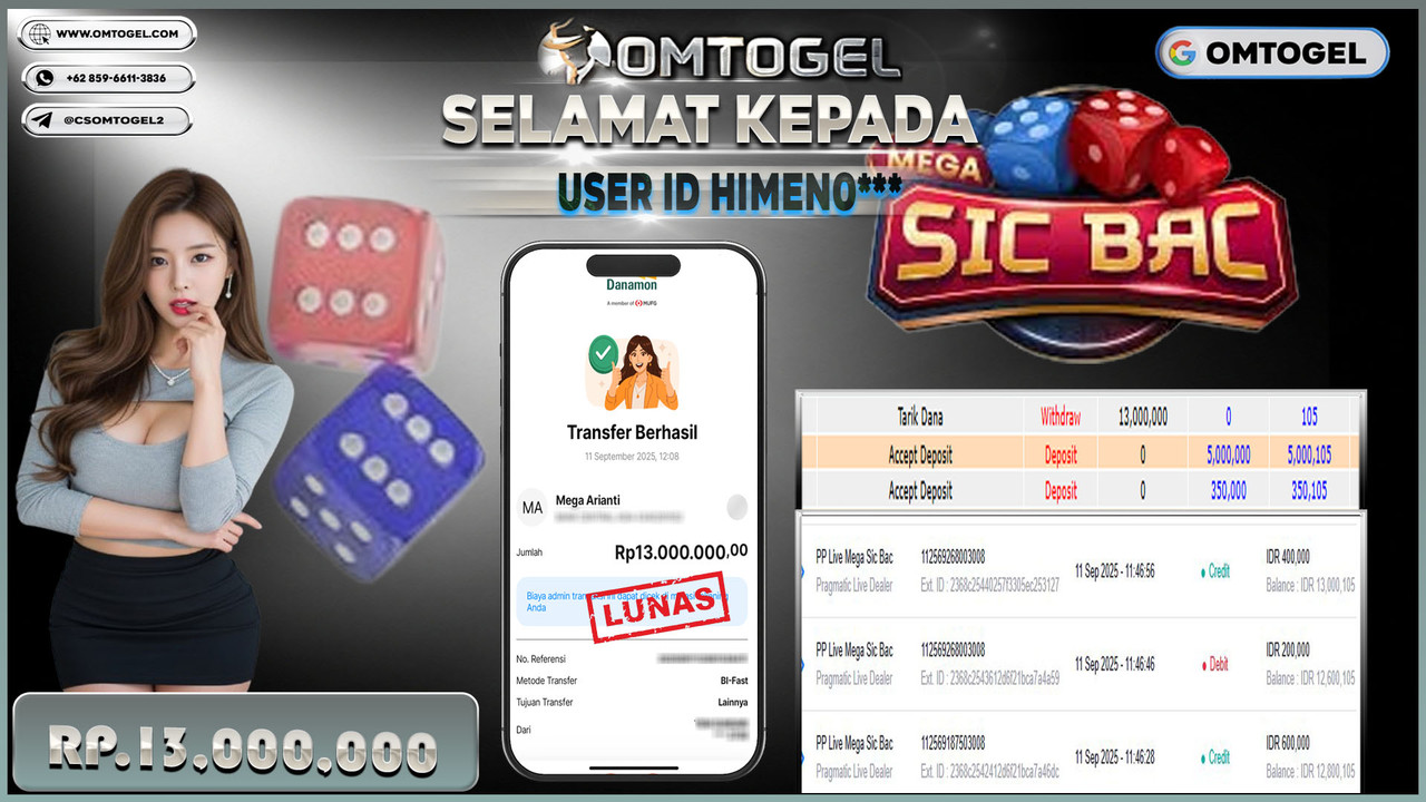 OMTOGEL JACKPOT PRAGMATIC CASINO LIVE MEGA SIC BAC 13 JUTA DI BAYAR LUNAS ,-