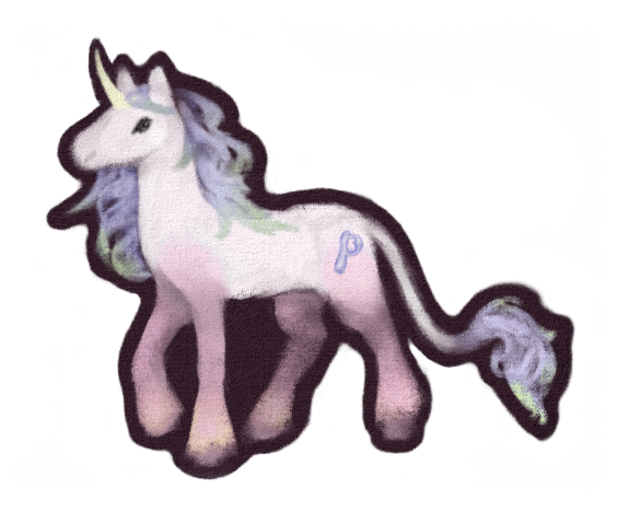 pagebound as a white unicorn with a yellowish horn, pink legs, a long lionish tail with a purple mane that's green at the tips. It has the pagebound logo on one of its haunches