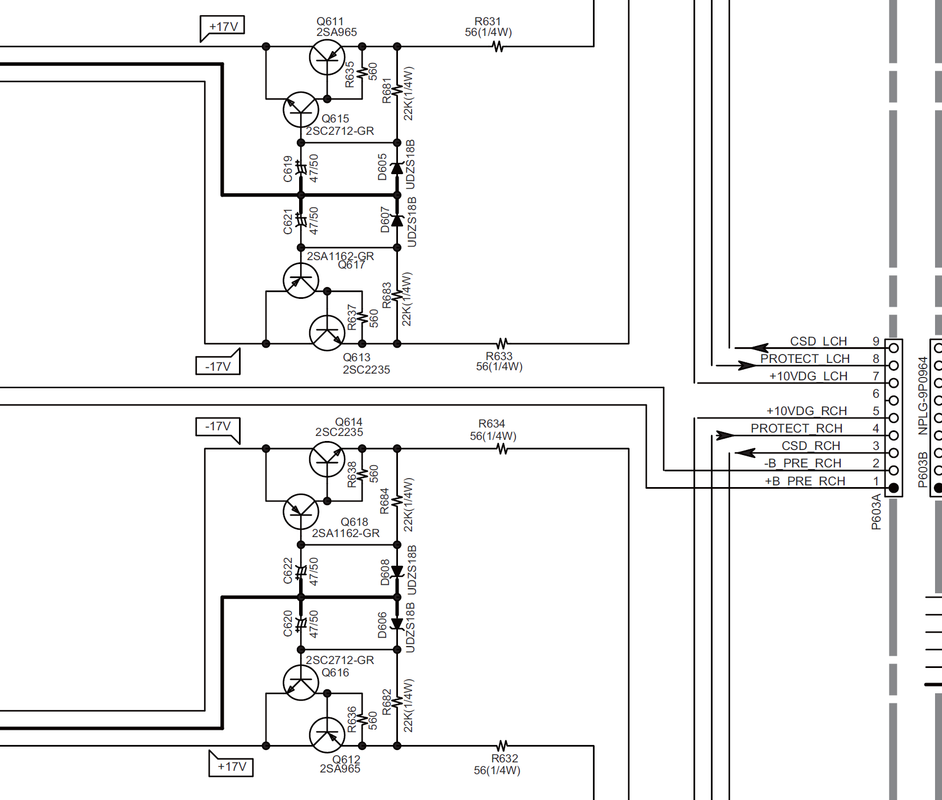 Onkyo A-5VL schematic detail linear voltage regulators for power amp input sections