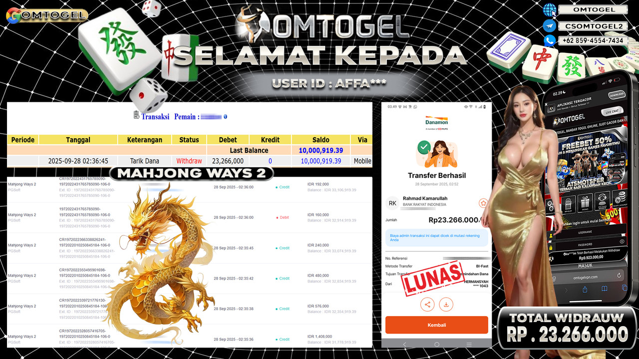 OMTOGEL JACKPOT PGSOFT MAHJONG WAYS 2 23 JUTA DI BAYAR LUNAS ,-