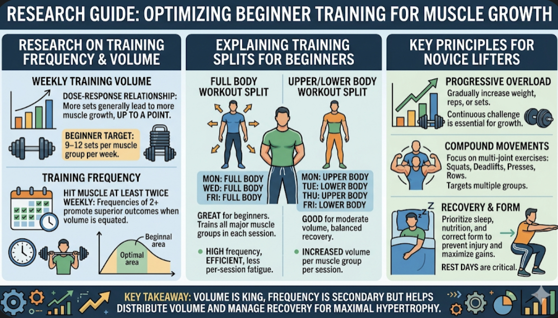 Infographic showing research on training frequency and volume for muscle growth, explaining training split beginners and best workout split muscle growth