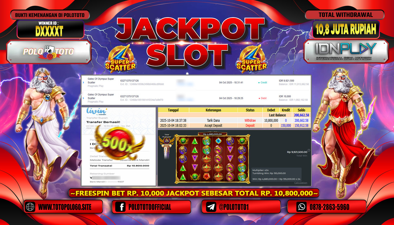 POLOTOTO JACKPOT SLOT GATES OF OLYMPUS SUPER SCATTER Rp.10.800.000,- LUNAS