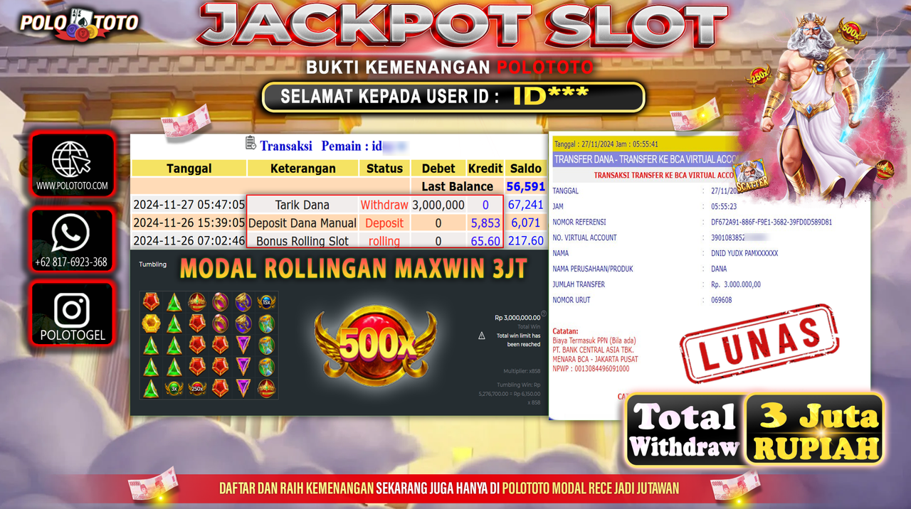 POLOTOTO JACKPOT SLOT GATES OF OLYMPUS  Rp.3,000.000,-