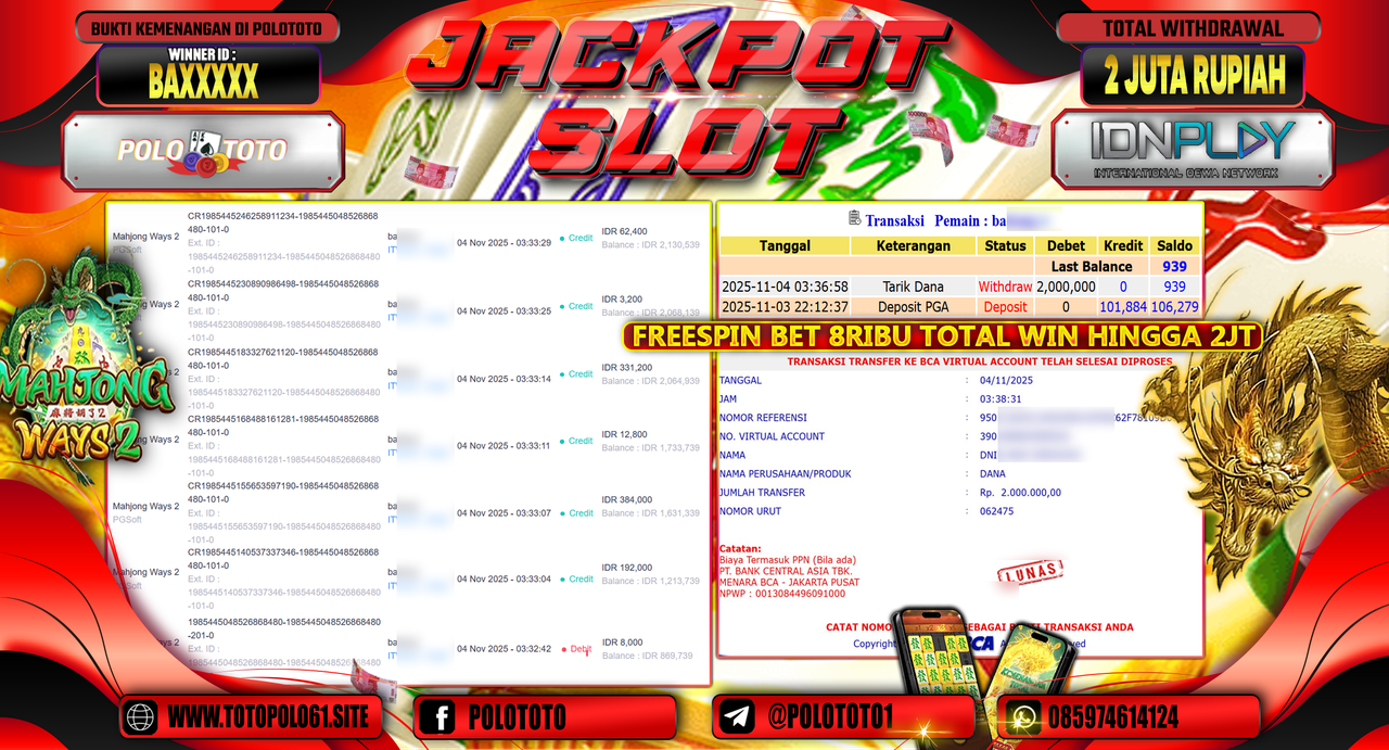 POLOTOTO JACKPOT SLOT MAHJONG WAYS 2 Rp.2.000.000,- LUNAS