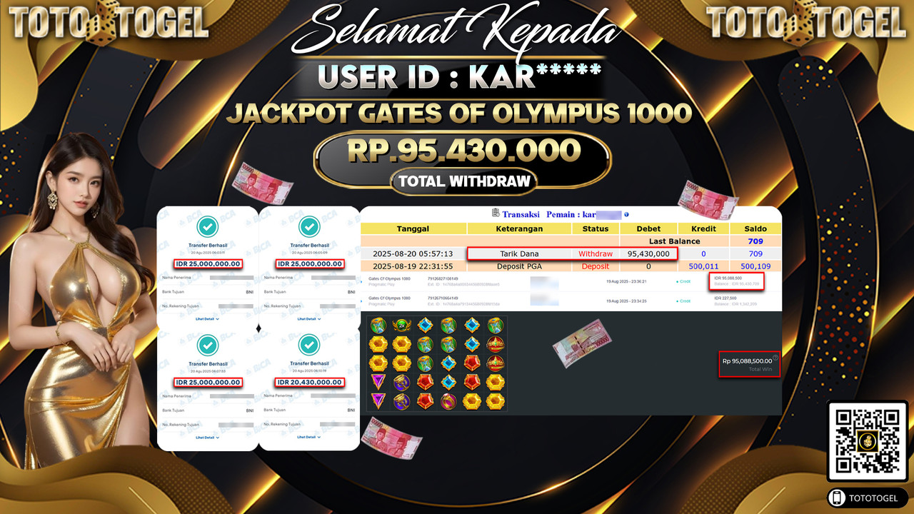 Bukti Pembayaran Jackpot Permainan Slot Gates Of Olympus 1000 ID:KAR***** LUNAS